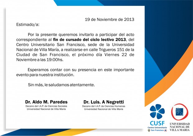 Invitación Cierre Cursado Ciclo Lectivo 2013 - CUSF UNVM